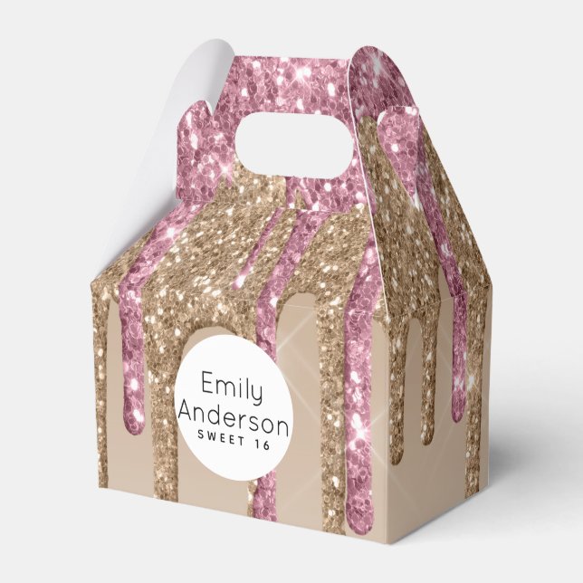 Dripping Glitter Sweet16 Rose Gold Pink 16th Party Favour Box (Front Side)
