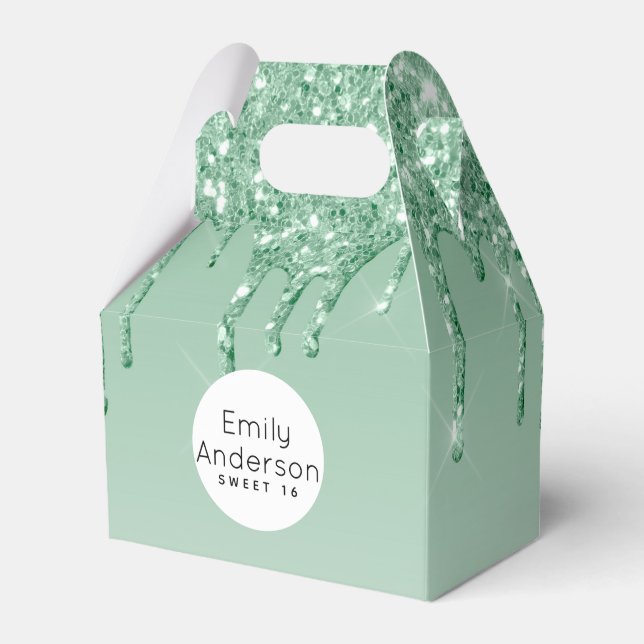 Dripping Glitter Sweet 16 Mint Green Party Trendy Favour Box (Front Side)