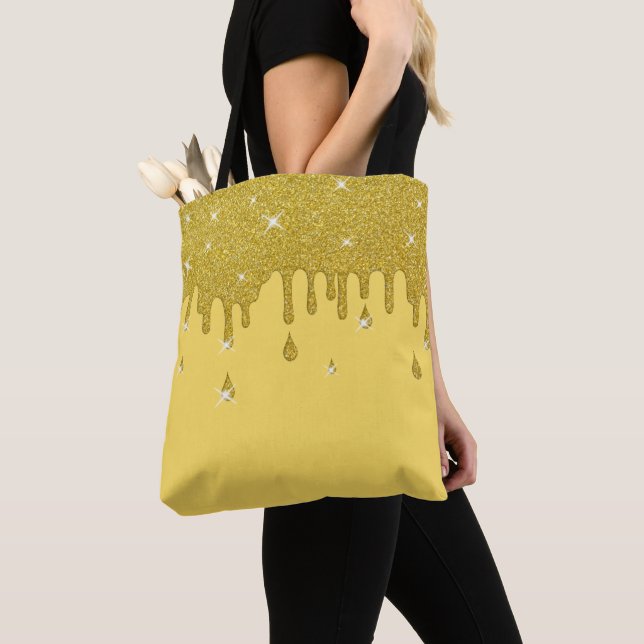 Dripping Gold Glitter Effect & Sparkles Tote Bag (Close Up)