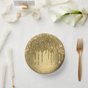 Dripping Gold Glitter Luxe Faux Metallic Sparkle Paper Plate