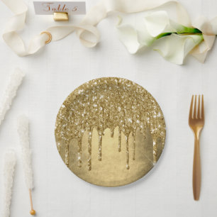 Dripping Gold Glitter Luxe Faux Metallic Sparkle Paper Plate