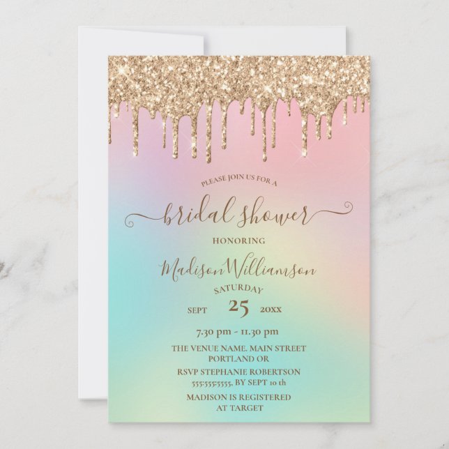 Dripping Gold Glitter & Rainbow Bridal Shower Invi Invitation (Front)