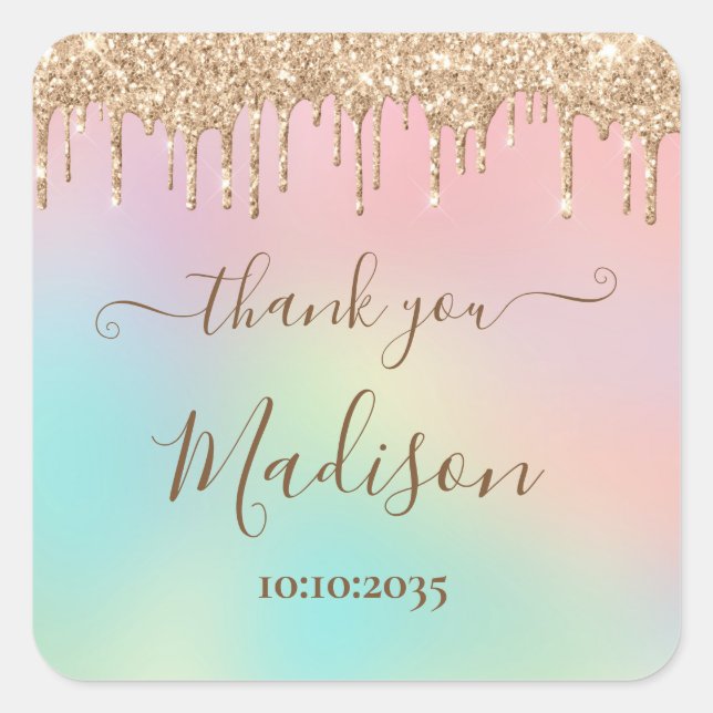 Dripping Gold Glitter & Rainbow Bridal Shower  Square Sticker (Front)