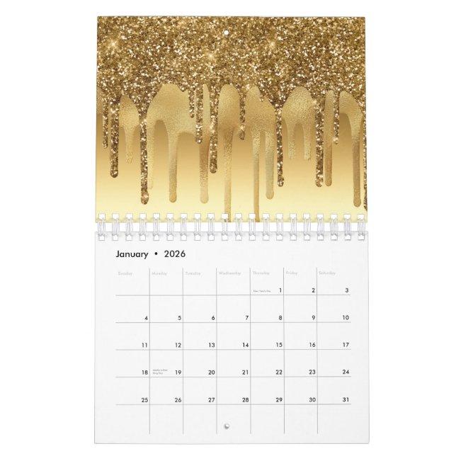 Dripping Gold Paint Glitter Accents Sparkly Calendar (Jan 2026)