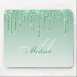 dripping green glitter mouse pad<br><div class="desc">girly glam green glitter drips and monogram elegant text. The text features can be customised.</div>