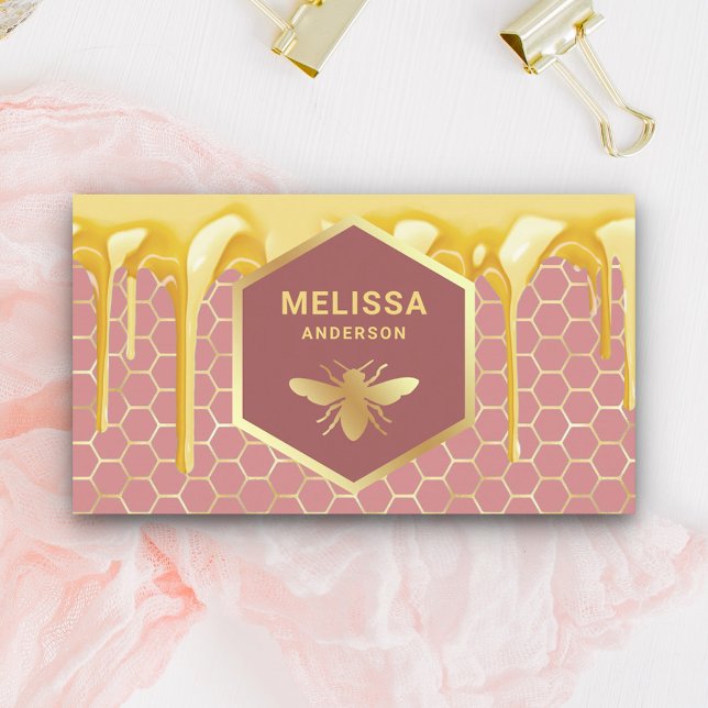 Dripping Honey Dusty Pink Gold Honeycomb Honey Bee Business Card (Creator Uploaded)