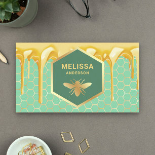 Dripping Honey Mint Green Gold Honeycomb Honey Bee Business Card