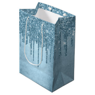 Dripping Ice Glitter   Blue Faux Sparkle Metallic Medium Gift Bag