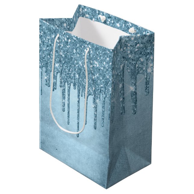 Dripping Ice Glitter | Blue Faux Sparkle Metallic Medium Gift Bag (Front Angled)