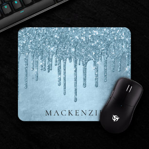 Dripping Ice Glitter Blue Faux Sparkle Monogram Mouse Pad