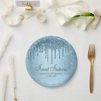 Dripping Ice Glitter | Blue Faux Sparkle Sweet 16 Paper Plate