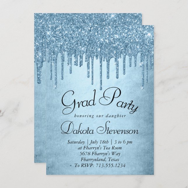 Dripping Ice Glitter | Blue Sparkle Graduation Invitation (Front/Back)
