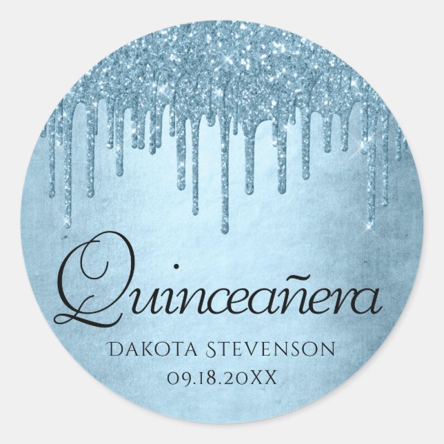 Dripping Ice Glitter | Blue Sparkle Quinceanera Classic Round Sticker (Front)