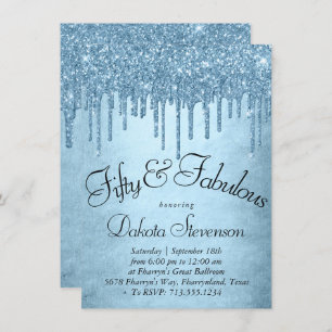 Dripping Ice Glitter Glitzy Blue 50 and Fabulous Invitation