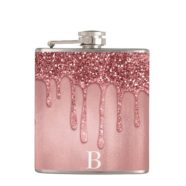 Dripping in Rose Gold Glitter Pretty Pink Drips Hip Flask (Front)