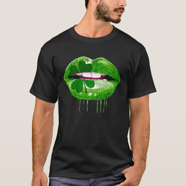 Dripping Lips Shamrock Funny St Patrick's Day T-Shirt (Front)