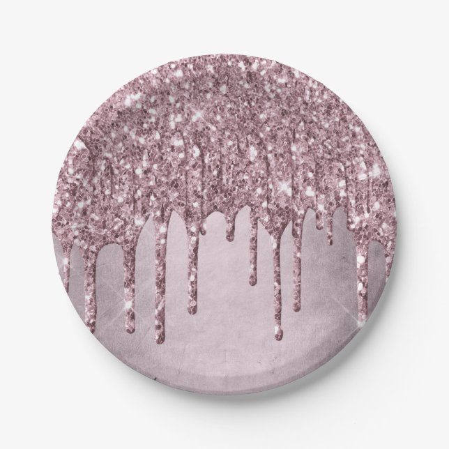 Dripping Mauve Glitter | Dusty Pink Melt Shimmer Paper Plate (Front)