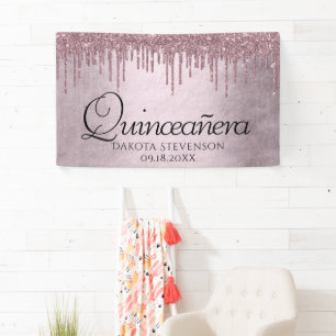 Dripping Mauve Glitter   Dusty Pink Quinceanera Banner