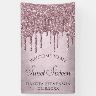 Dripping Mauve Glitter Dusty Pink Sweet Sixteen Banner