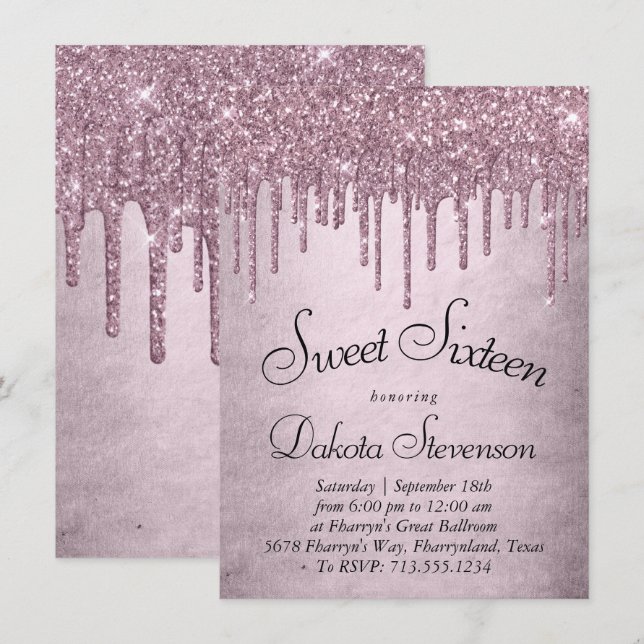 Dripping Mauve Glitter | Dusty Pink Sweet Sixteen Invitation (Front/Back)