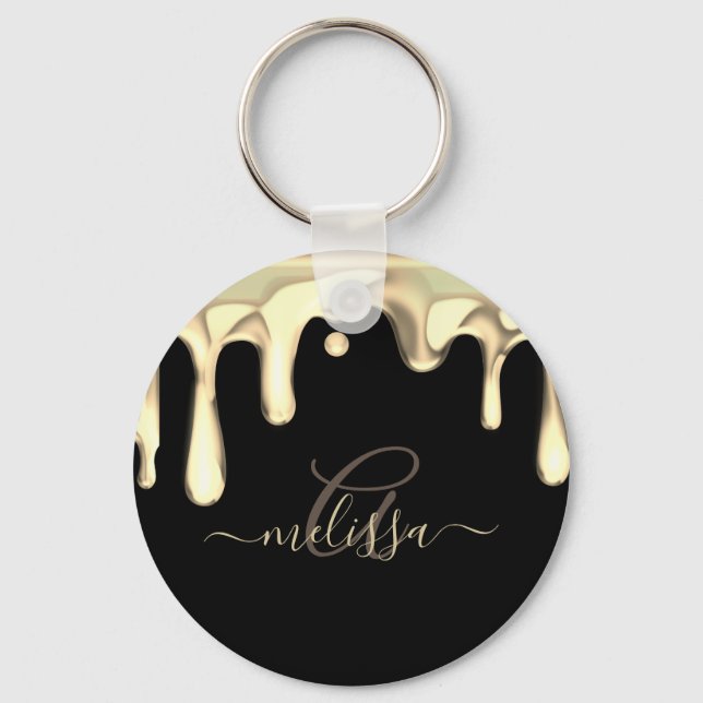 Dripping Metal Gold Monogram Black Elegant Key Ring (Front)
