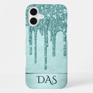 Dripping Mint Glitter Aqua Teal Melting Monogram iPhone 16 Plus Case