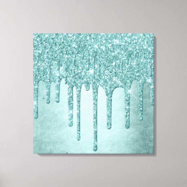 Dripping Mint Glitter | Aqua Teal Melting Pour Canvas Print (Front)