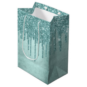 Dripping Mint Glitter   Aqua Teal Melting Pour Medium Gift Bag