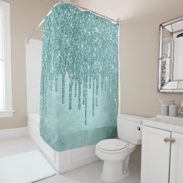 Dripping Mint Glitter | Aqua Teal Melting Pour Shower Curtain (In Situ)