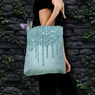 Dripping Mint Glitter Aqua Teal Melting Pour Tote Bag