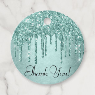 Dripping Mint Glitter Aqua Teal Pour Thank You Favour Tags
