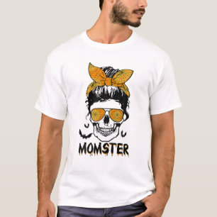 Dripping Momster Funny Halloween Messy Bun Skull T-Shirt