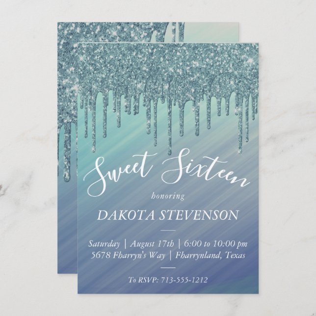 Dripping Ombre | Green and Blue Sparkle Sweet 16 Invitation (Front/Back)