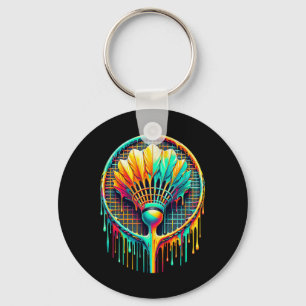Dripping Paint Badminton Player Shuttle Racket Key Ring