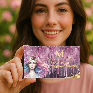 Dripping Pastel Magenta Gold Monogram Beautician Business Card