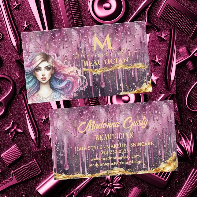 Dripping Pastel Magenta Gold Monogram Beautician  Business Card (Dripping Pastel Magenta Gold Monogram Beautician Business Card)
