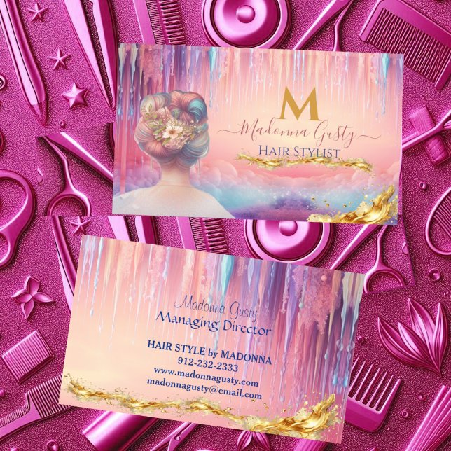 Dripping Pastel Pink Gold Monogram Hair Stylist  Business Card (Dripping Pastel Pink Gold Monogram Hair Stylist Business Card)