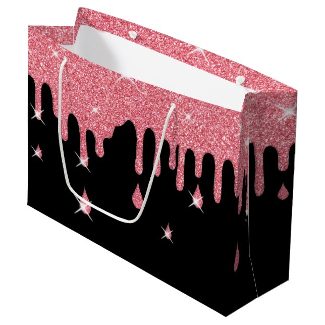 Dripping Pink Glitter Effect & Sparkles Girly Large Gift Bag (Front Angled)