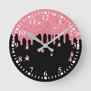 Dripping Pink Glitter Effect & Sparkles Round Clock