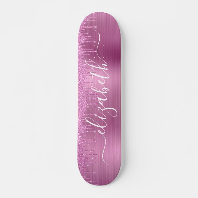 Dripping Pink Glitter Personalised Skateboard (Front)