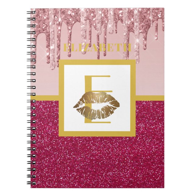 Dripping Pink Rose Gold Glitter Lips Monogram Girl Notebook (Front)