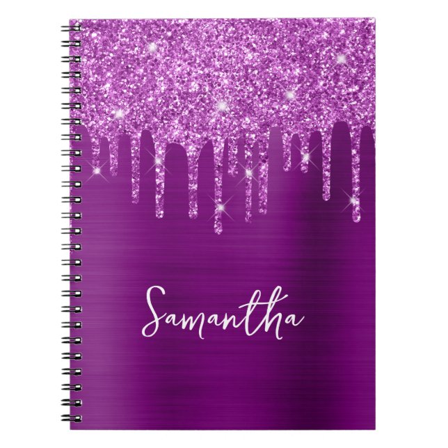 Dripping Purple Glitter Glam Name Notebook (Front)