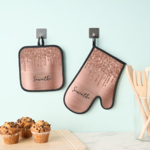 Dripping Rose Gold Glitter Glam Name Oven Mitt & Pot Holder Set