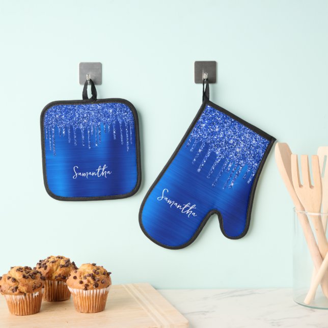 Dripping Royal Blue Glitter Glam Name Oven Mitt & Pot Holder Set (Insitu(Hanging))