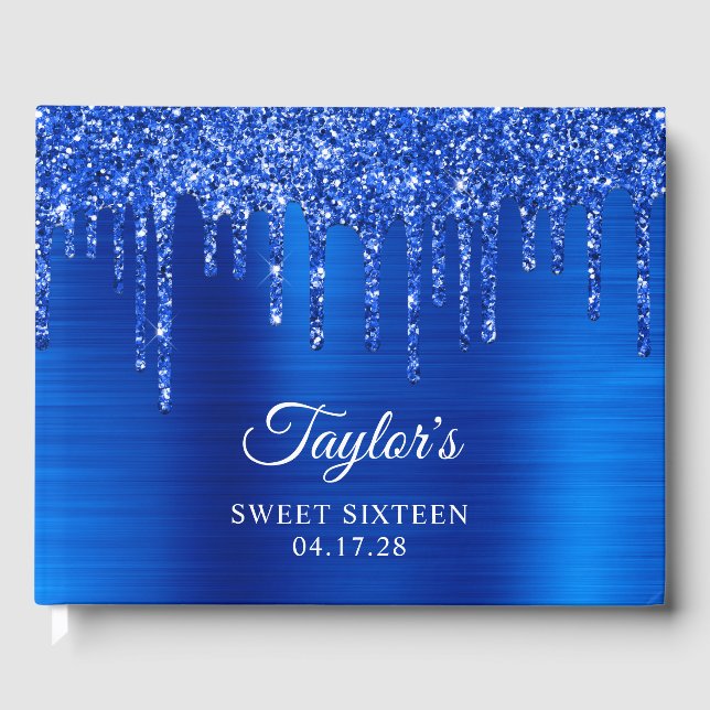 Dripping Royal Blue Glitter Glam Sweet Sixteen Guest Book (Front)