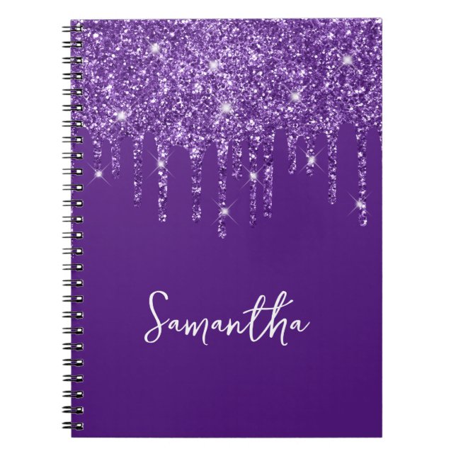 Dripping Royal Purple Glitter Name Notebook (Front)