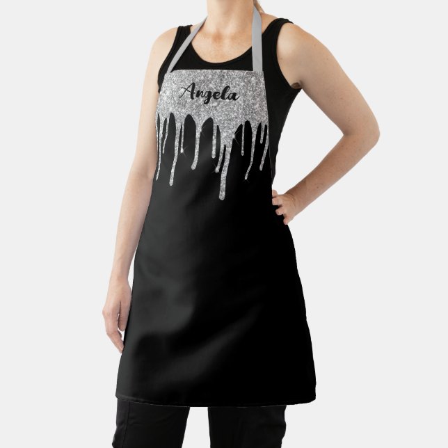 Dripping Silver Glitter Black Personalised M Apron (Insitu)