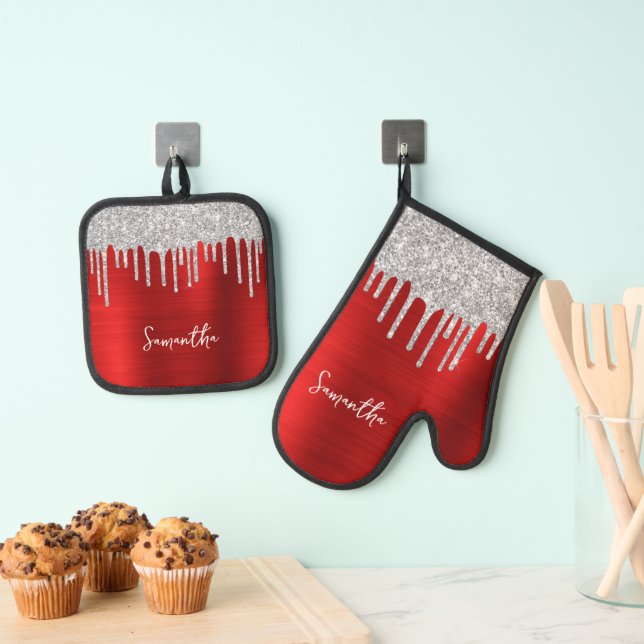 Dripping Silver Glitter Red Glam Name Oven Mitt & Pot Holder Set (Insitu(Hanging))