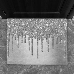 Dripping Silvery Glitter   Platinum Faux Metallic Doormat