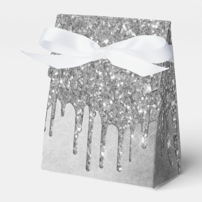 Dripping Silvery Glitter | Platinum Faux Metallic Favour Box (Front Side)
